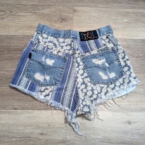 Vintage STEEL Denim Jean Shorts Daisy Flower Floral Distressed Cut Off High